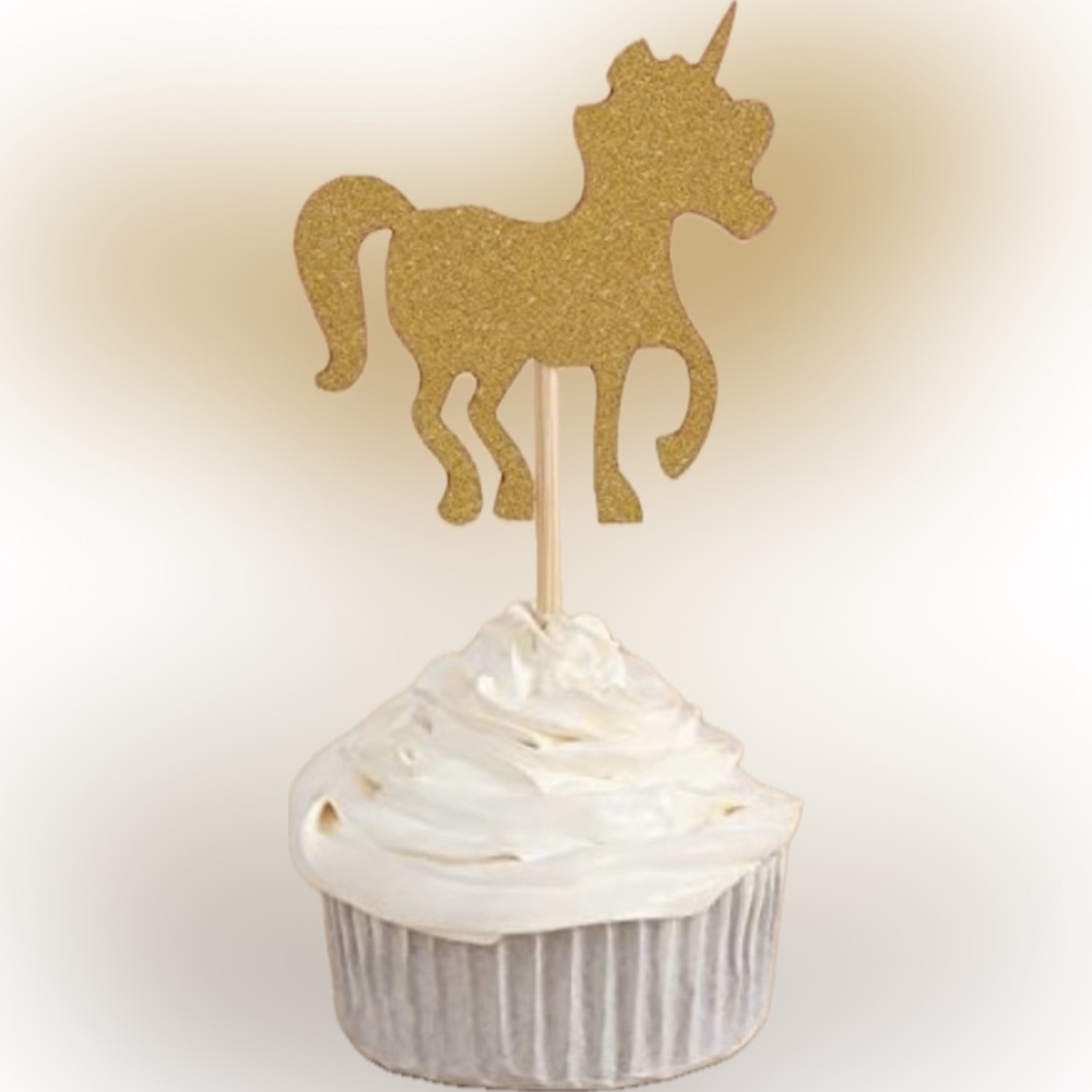 💥Giuffi Party Crafts Gold Glitter Unicorn Cupcake Toppers Wooden Pick 24 PCS
